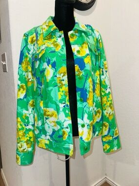 Isaac Mizrahi Green Floral Jean Jacket with Yellow Accents
